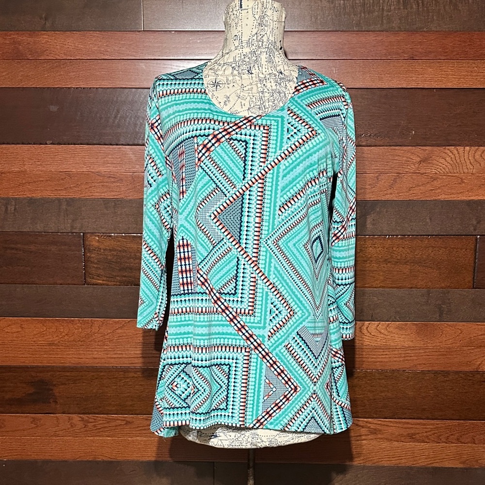 No Brand Tag Teal Geometric Patterned Tunic Top